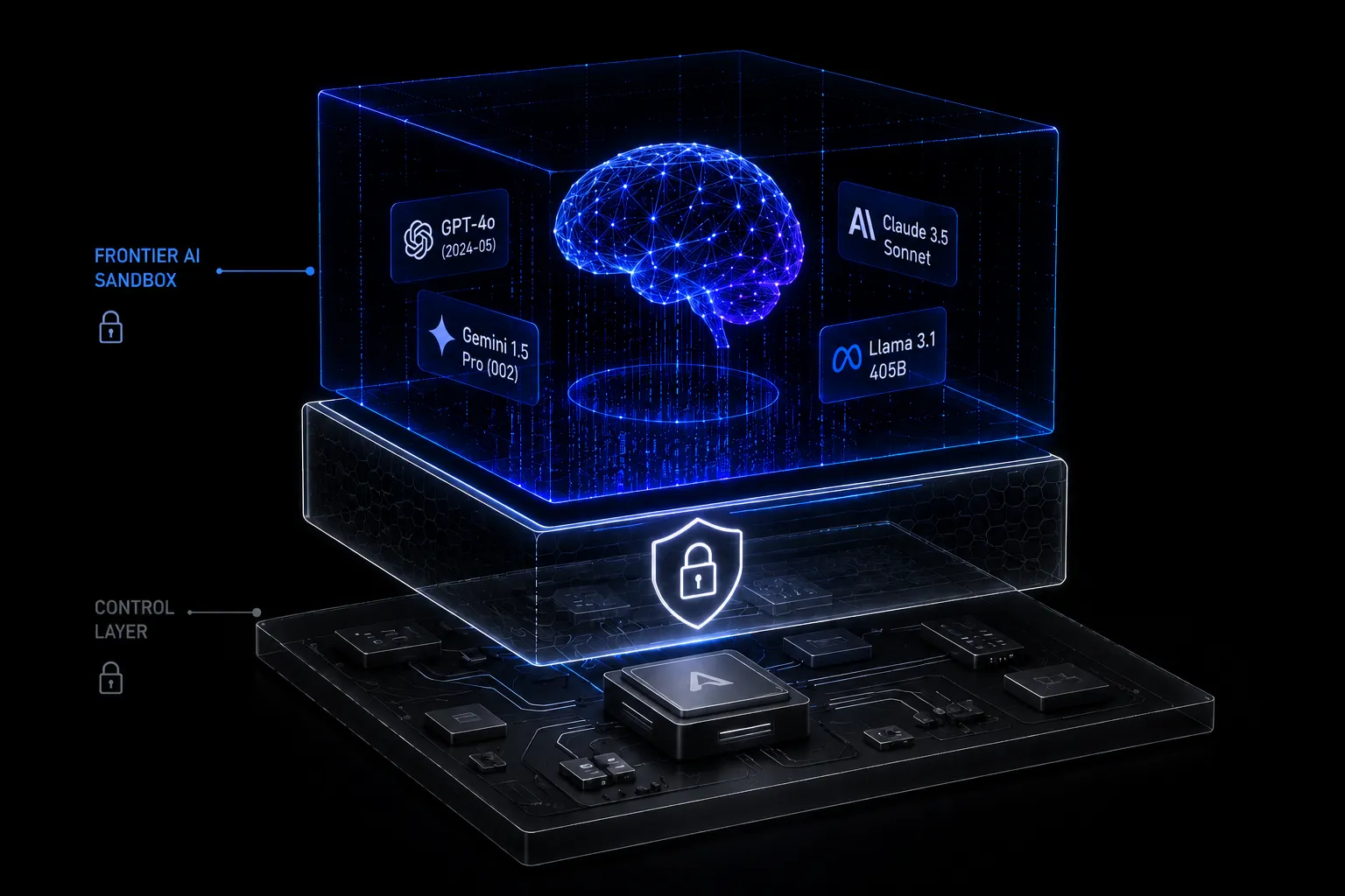 Diagram of frontier AI models running in a sandboxed layer above a locked control layer