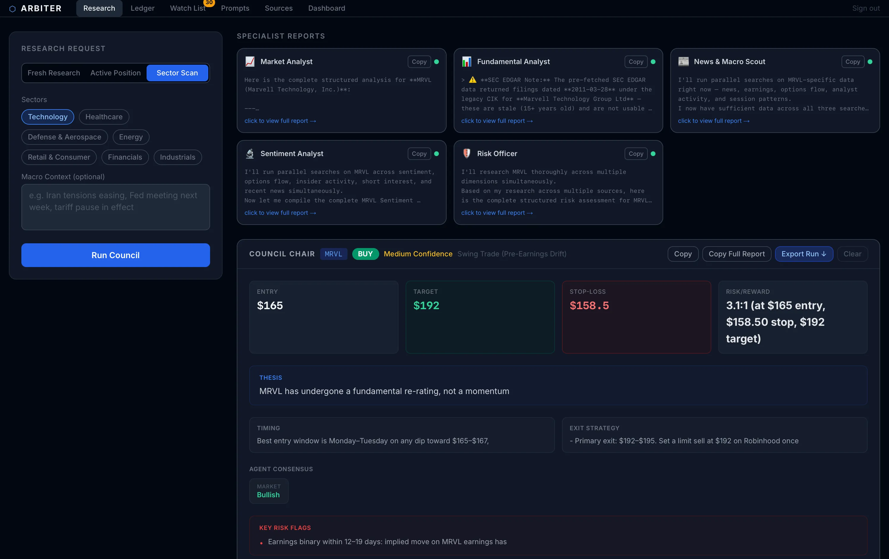 The Arbiter research screen with specialist agent reports and a council chair recommendation showing entry, target, and stop-loss levels