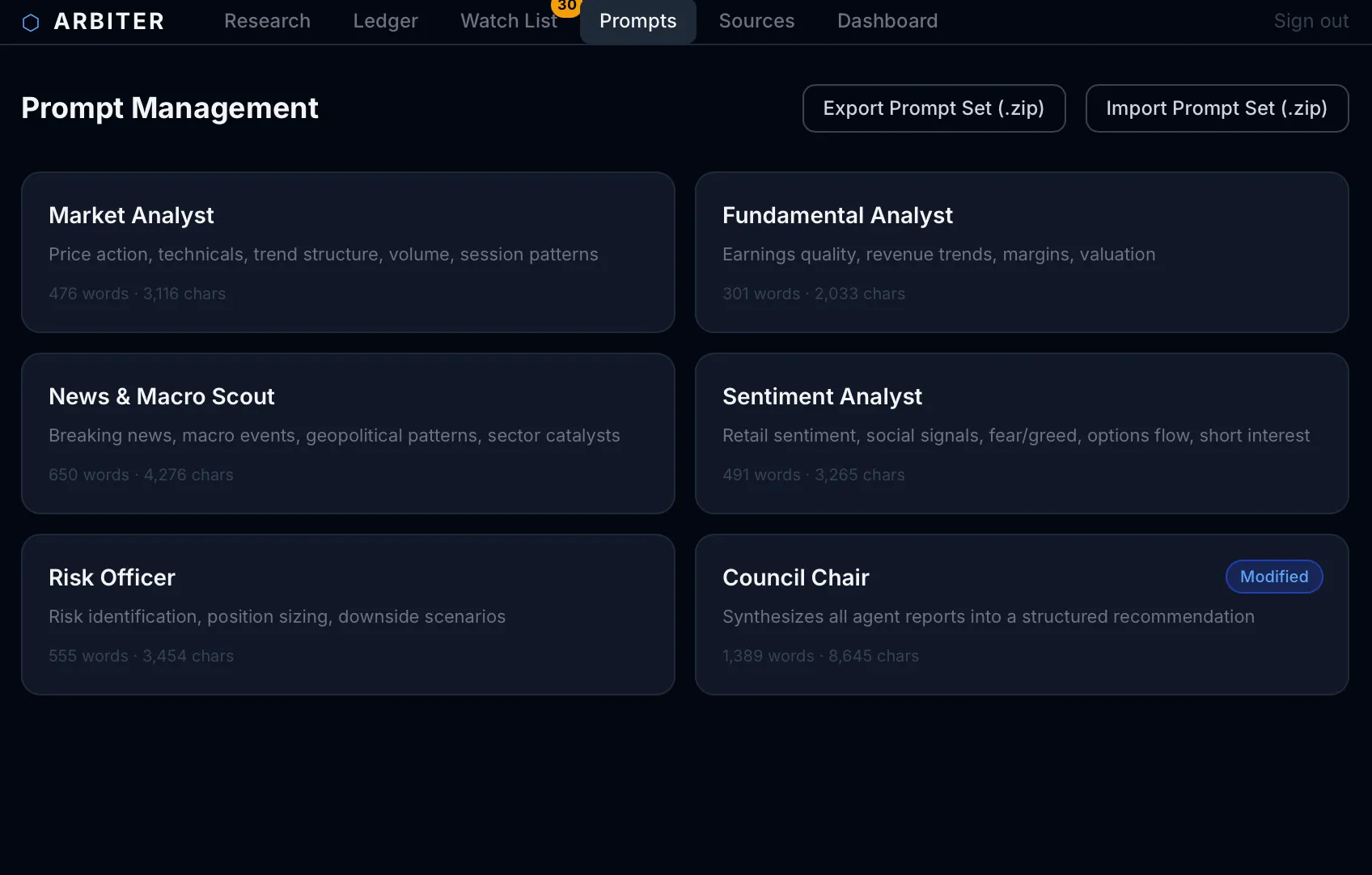 The Arbiter prompt management screen listing the specialist agent prompts
