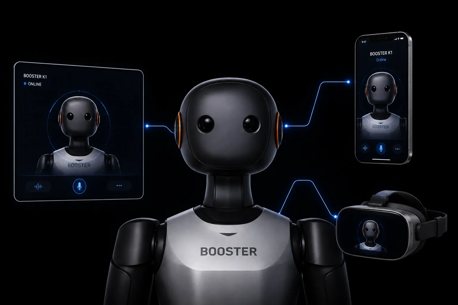 The Booster K1 robot mirrored live on a tablet, a phone, and a VR headset