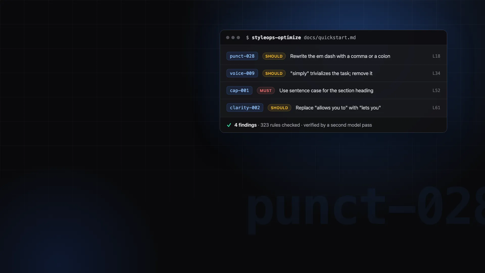 StyleOps report window listing findings, each with a rule ID, a severity, and a suggested fix